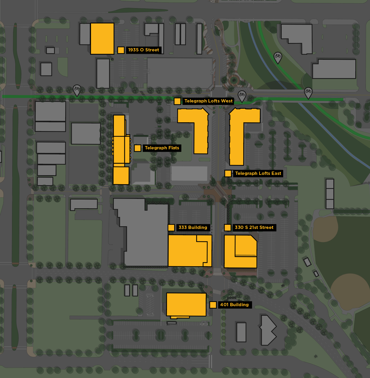 District Map for Up and Running - Includes: Telegraph Flats, Telegraph Lofts West, Telegraph Lofts East, 333 Building, 330 S 21st St, and 401 Building